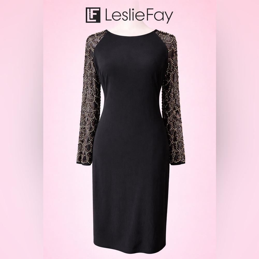 Vintage Leslie Fay Black Long-Sleeve Beaded Sheath Dress Made IN USA Y2k Cocktai